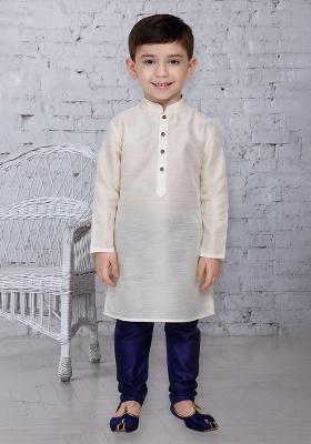 White Button Work Silk Kurta With Bottom For Boys