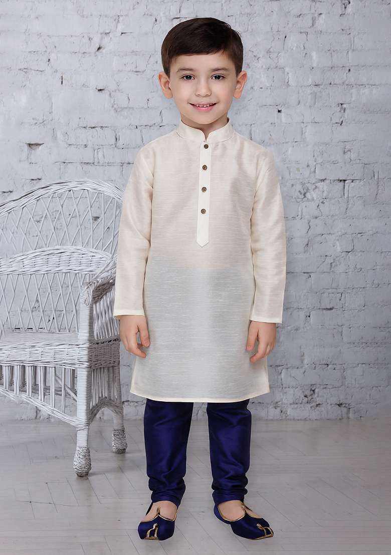 White Button Work Silk Kurta With Bottom For Boys - Indya