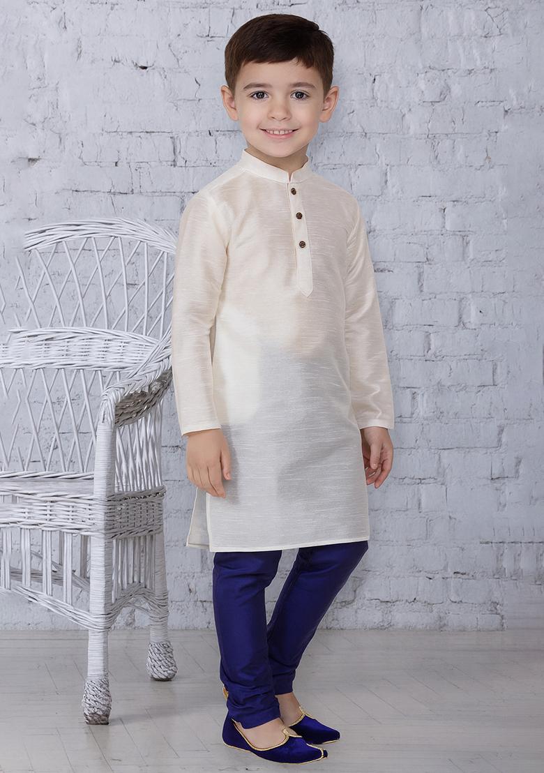 White Button Work Silk Kurta With Bottom For Boys - Indya