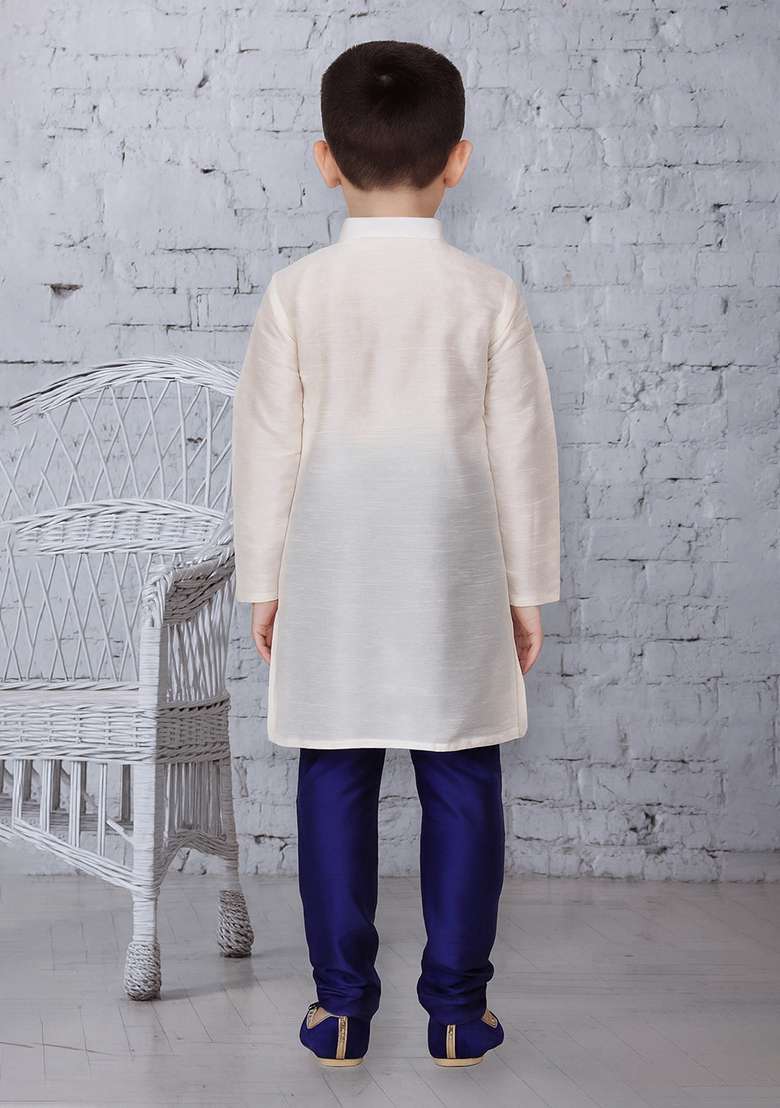White Button Work Silk Kurta With Bottom For Boys - Indya