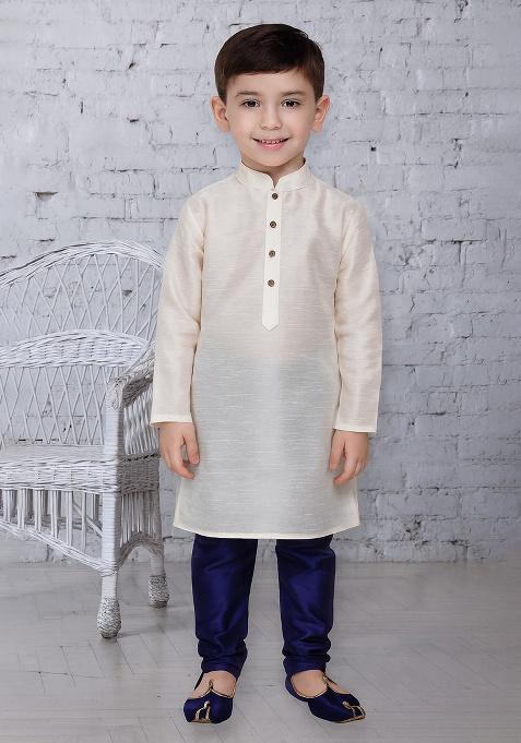 White Button Work Silk Kurta With Bottom For Boys