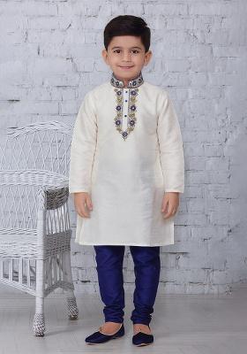 White Embroidery Silk Kurta With Bottom For Boys