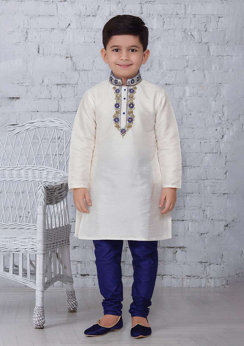 White Embroidery Silk Kurta With Bottom For Boys - Indya