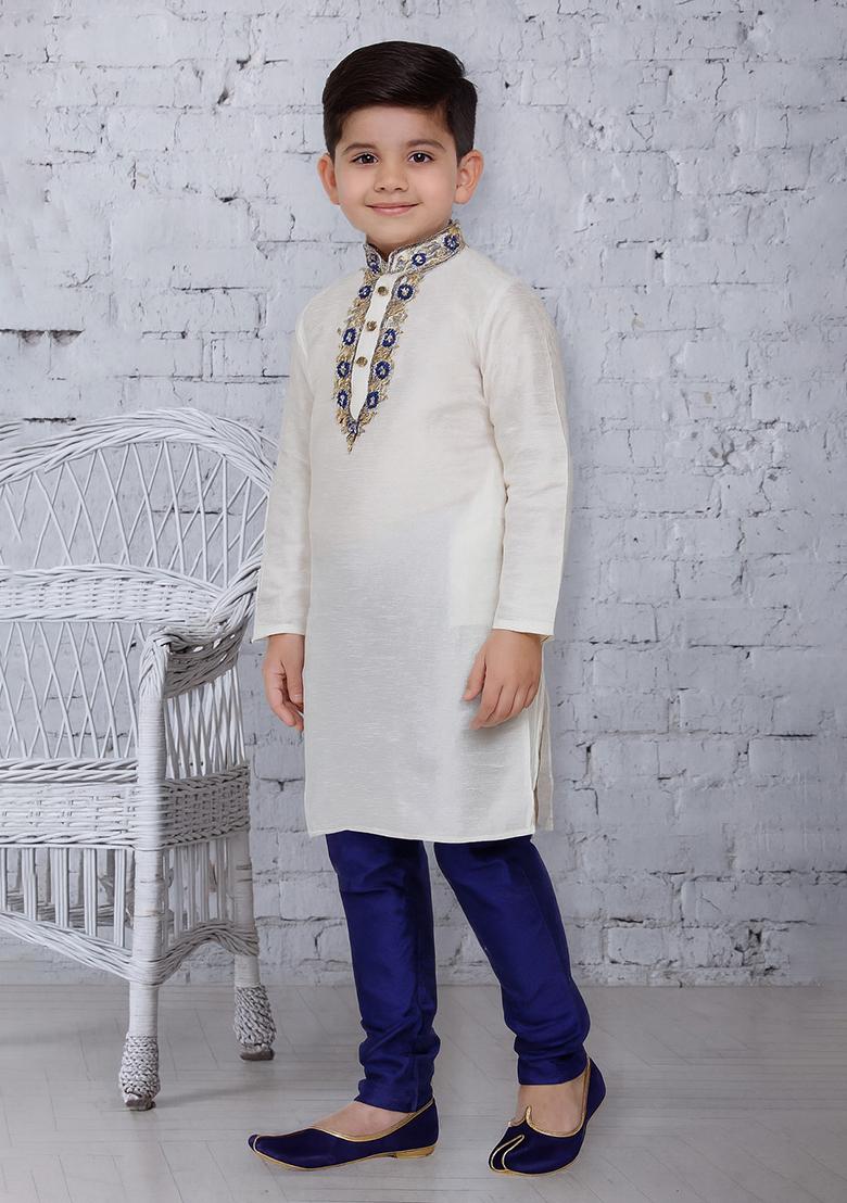 White Embroidery Silk Kurta With Bottom For Boys - Indya