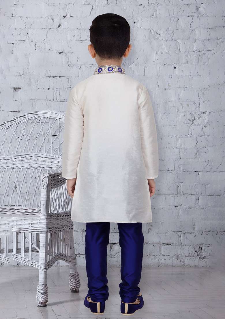 White Embroidery Silk Kurta With Bottom For Boys - Indya