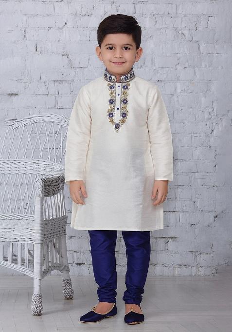 White Embroidery Silk Kurta With Bottom For Boys