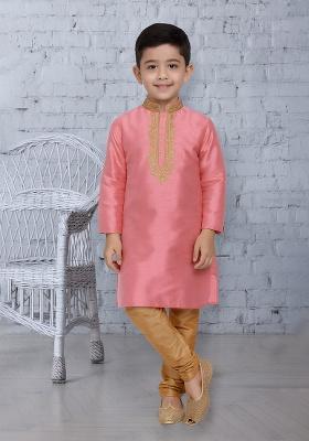 Pink Embroidery Silk Kurta With Bottom For Boys