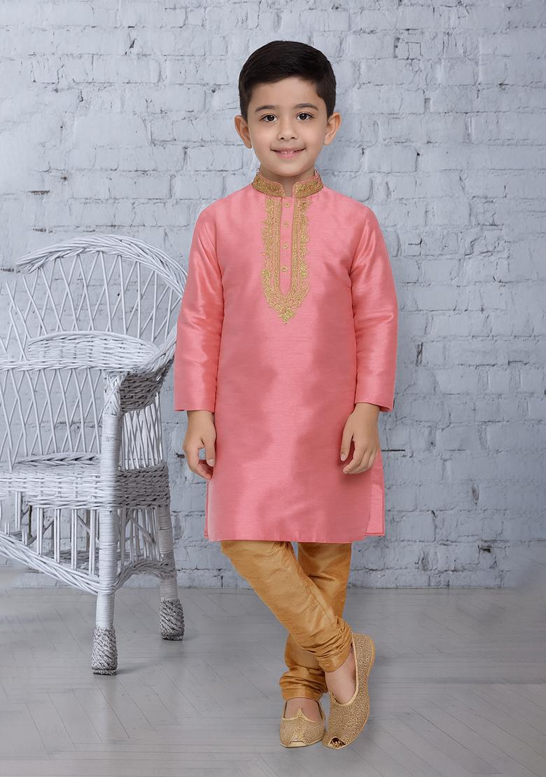 Pink Embroidery Silk Kurta With Bottom For Boys - Indya