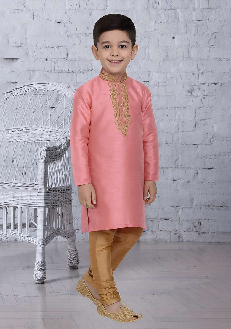 Pink Embroidery Silk Kurta With Bottom For Boys - Indya
