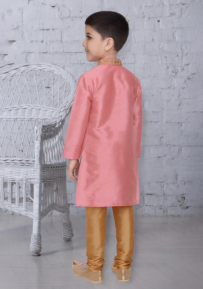 Pink Embroidery Silk Kurta With Bottom For Boys - Indya