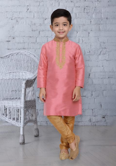 Pink Embroidery Silk Kurta With Bottom For Boys