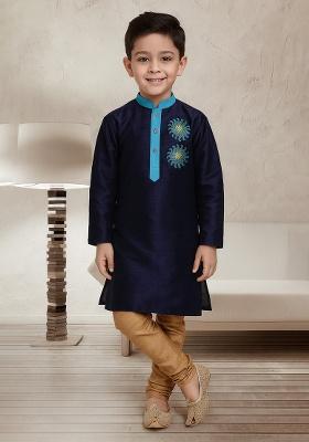 Navy Blue Embroidery Silk Kurta With Bottom For Boys