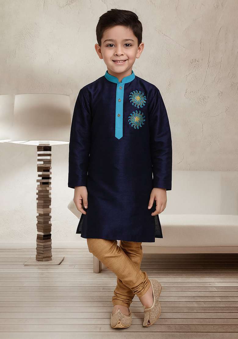 Navy Blue Embroidery Silk Kurta With Bottom For Boys - Indya
