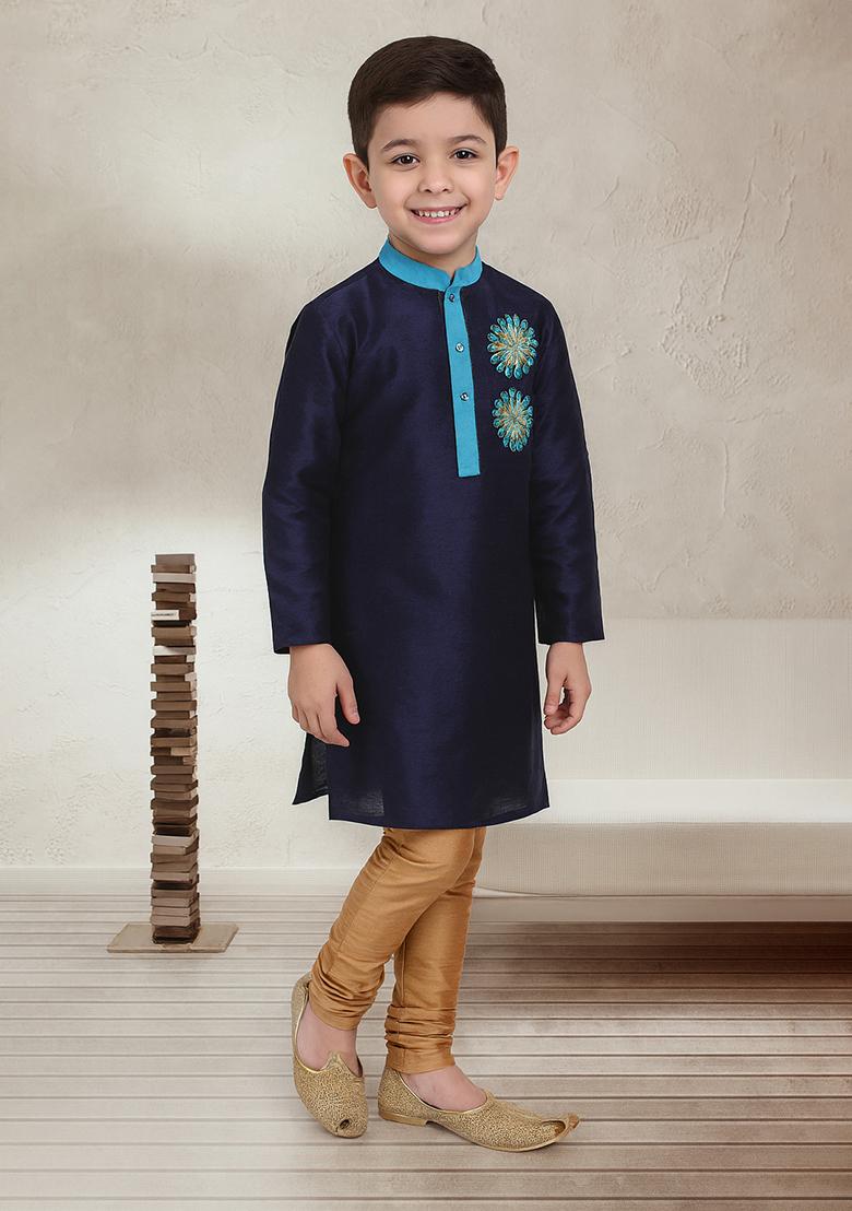 Navy Blue Embroidery Silk Kurta With Bottom For Boys - Indya