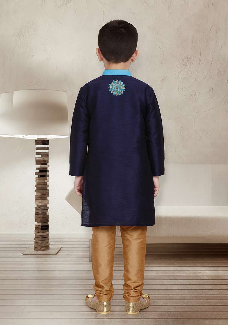 Navy Blue Embroidery Silk Kurta With Bottom For Boys - Indya