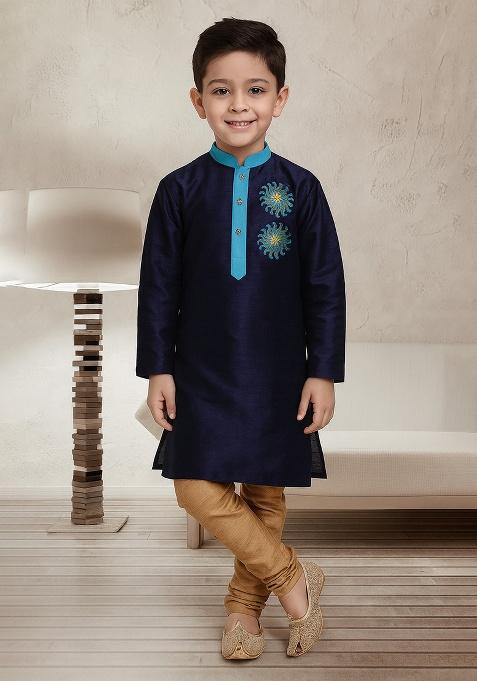 Navy Blue Embroidery Silk Kurta With Bottom For Boys
