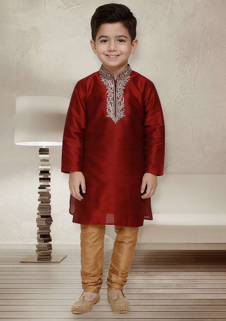 Maroon Embroidery Silk Kurta With Bottom For Boys - Indya