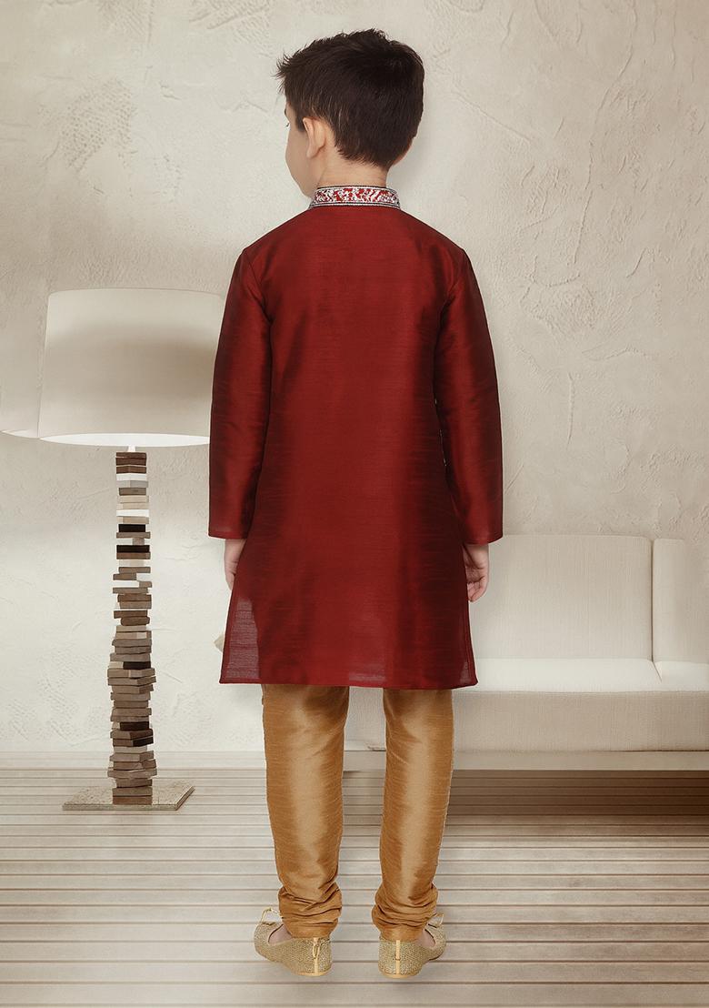 Maroon Embroidery Silk Kurta With Bottom For Boys - Indya