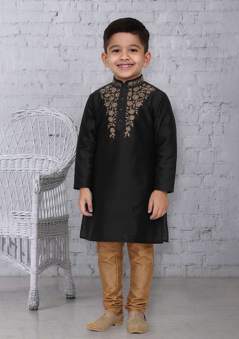 Black Embroidery Silk Kurta With Bottom For Boys - Indya
