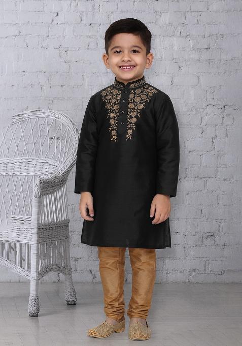 Black Embroidery Silk Kurta With Bottom For Boys