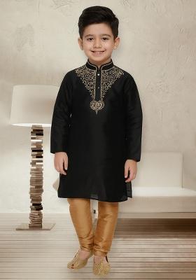 Black Embroidery Silk Kurta With Bottom For Boys
