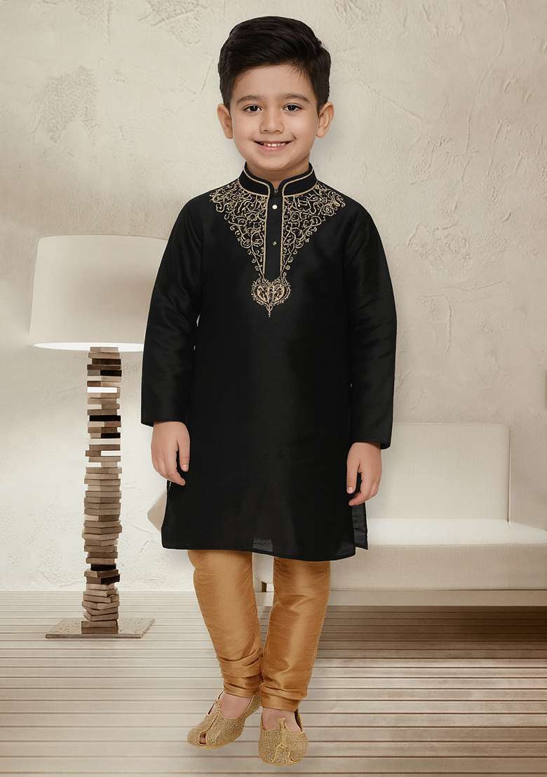 Black Embroidery Silk Kurta With Bottom For Boys - Indya