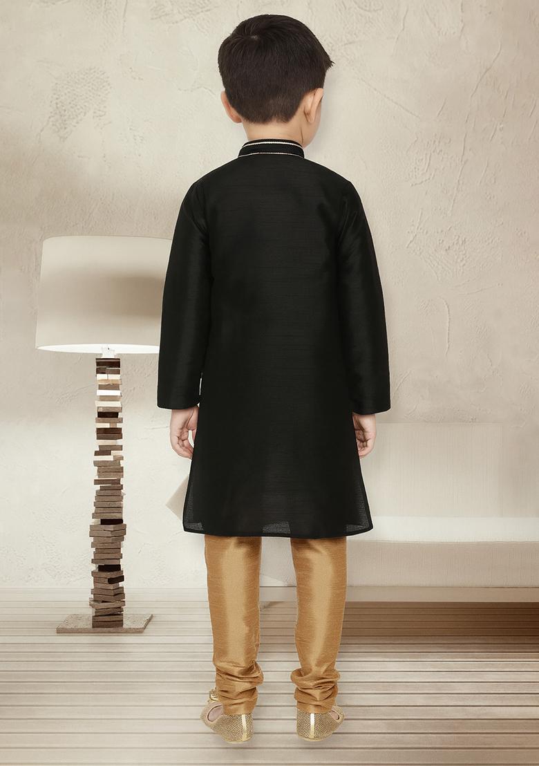 Black Embroidery Silk Kurta With Bottom For Boys - Indya