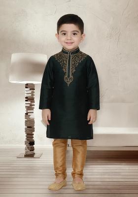 Bottle Green Embroidery Silk Kurta With Bottom For Boys