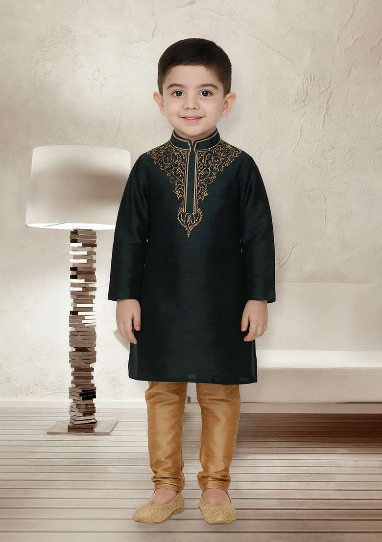 Bottle Green Embroidery Silk Kurta With Bottom For Boys - Indya