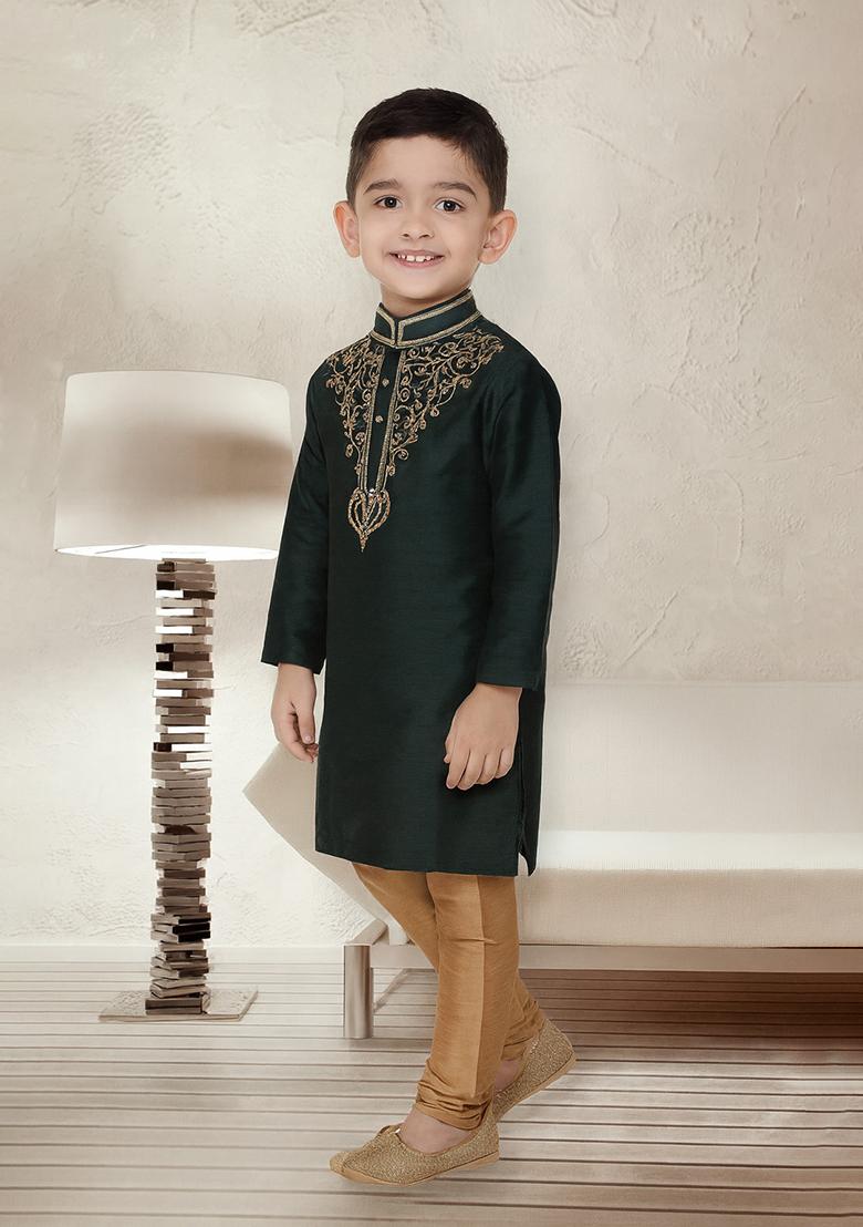 Bottle Green Embroidery Silk Kurta With Bottom For Boys - Indya