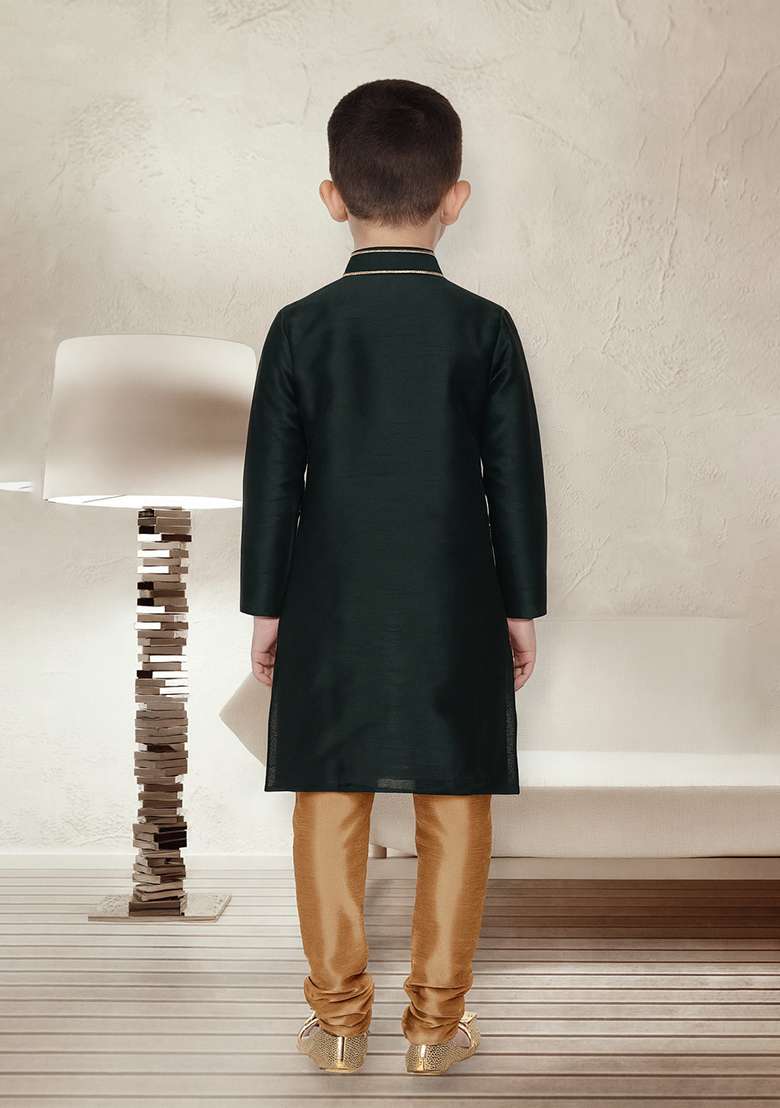 Bottle Green Embroidery Silk Kurta With Bottom For Boys - Indya