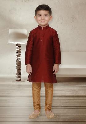 Maroon Embroidery Silk Kurta With Bottom For Boys