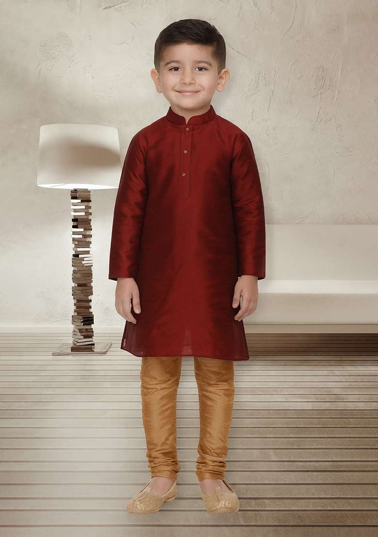 Maroon Embroidery Silk Kurta With Bottom For Boys - Indya