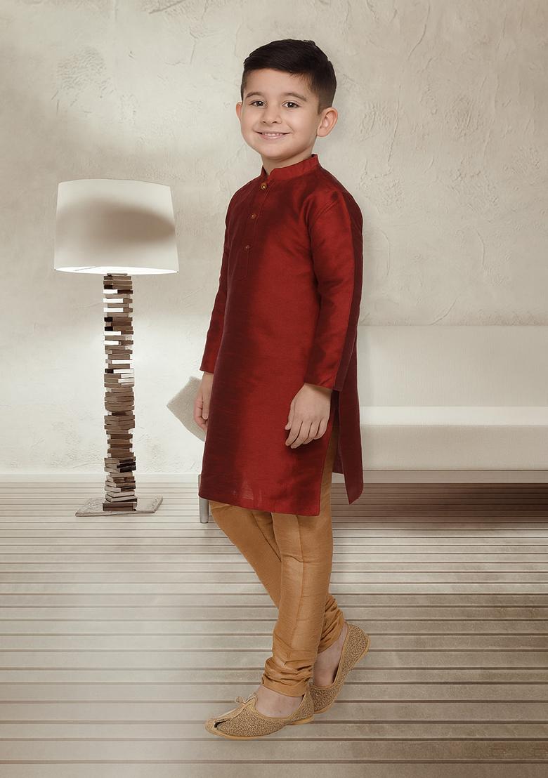Maroon Embroidery Silk Kurta With Bottom For Boys - Indya