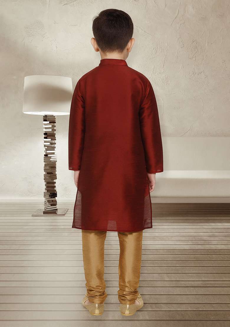 Maroon Embroidery Silk Kurta With Bottom For Boys - Indya