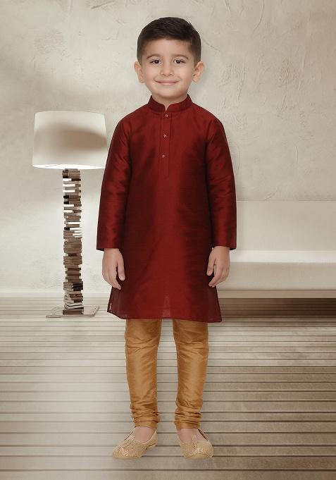 Maroon Embroidery Silk Kurta With Bottom For Boys