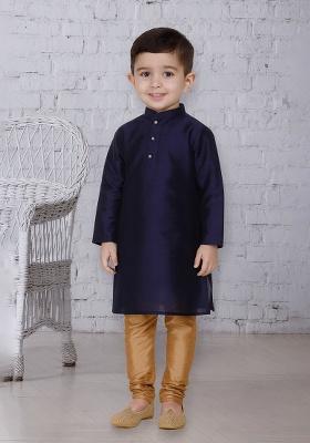 Navy Blue Button Work Silk Kurta With Bottom For Boys