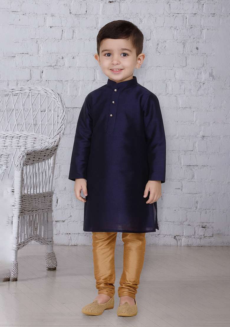 Navy Blue Button Work Silk Kurta With Bottom For Boys - Indya