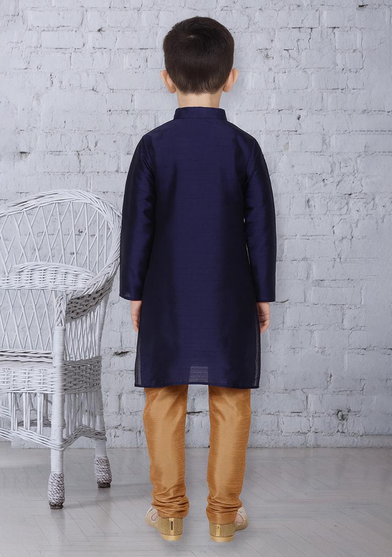Navy Blue Button Work Silk Kurta With Bottom For Boys - Indya
