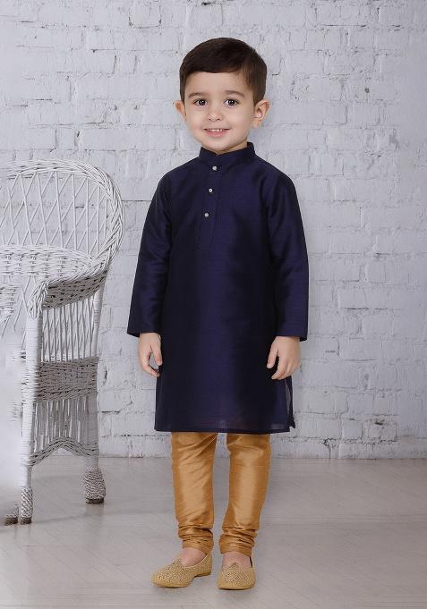 Navy Blue Button Work Silk Kurta With Bottom For Boys
