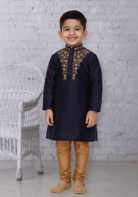 Navy Blue Embroidery Silk Kurta With Bottom For Boys