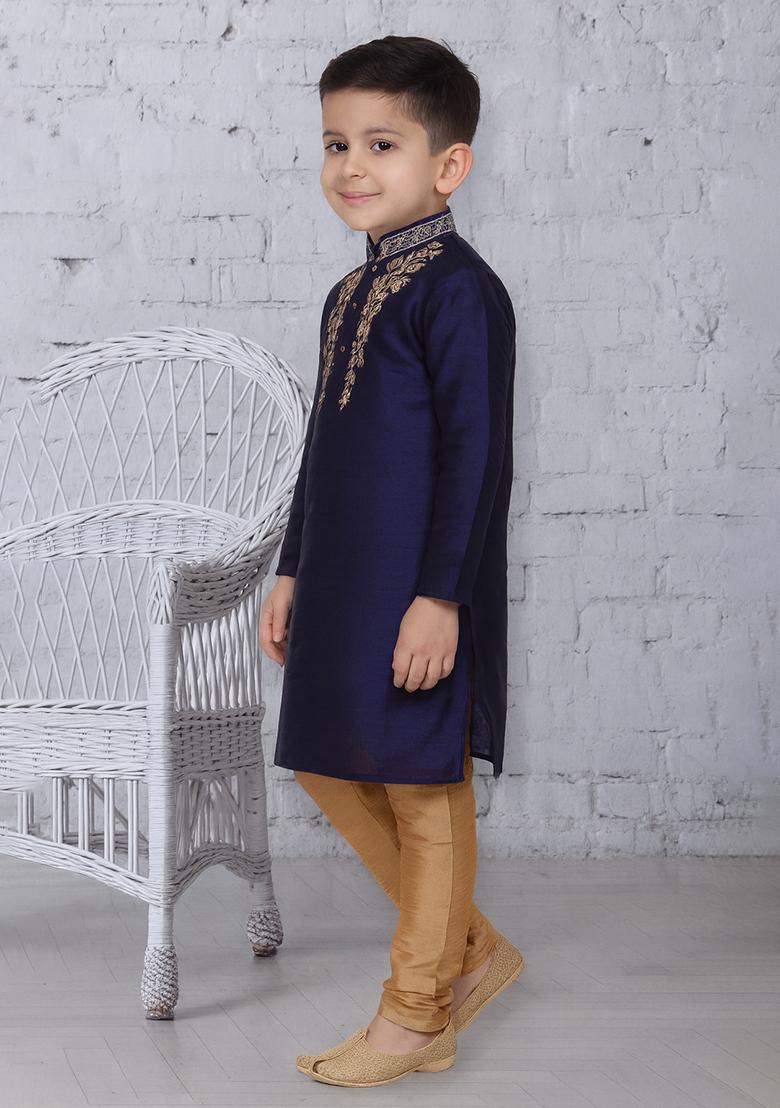 Navy Blue Embroidery Silk Kurta With Bottom For Boys - Indya