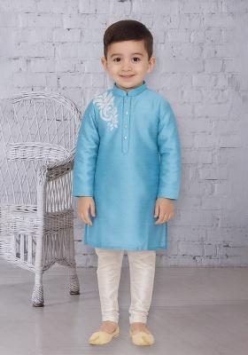 Light Blue Embroidery Silk Kurta With Bottom For Boys