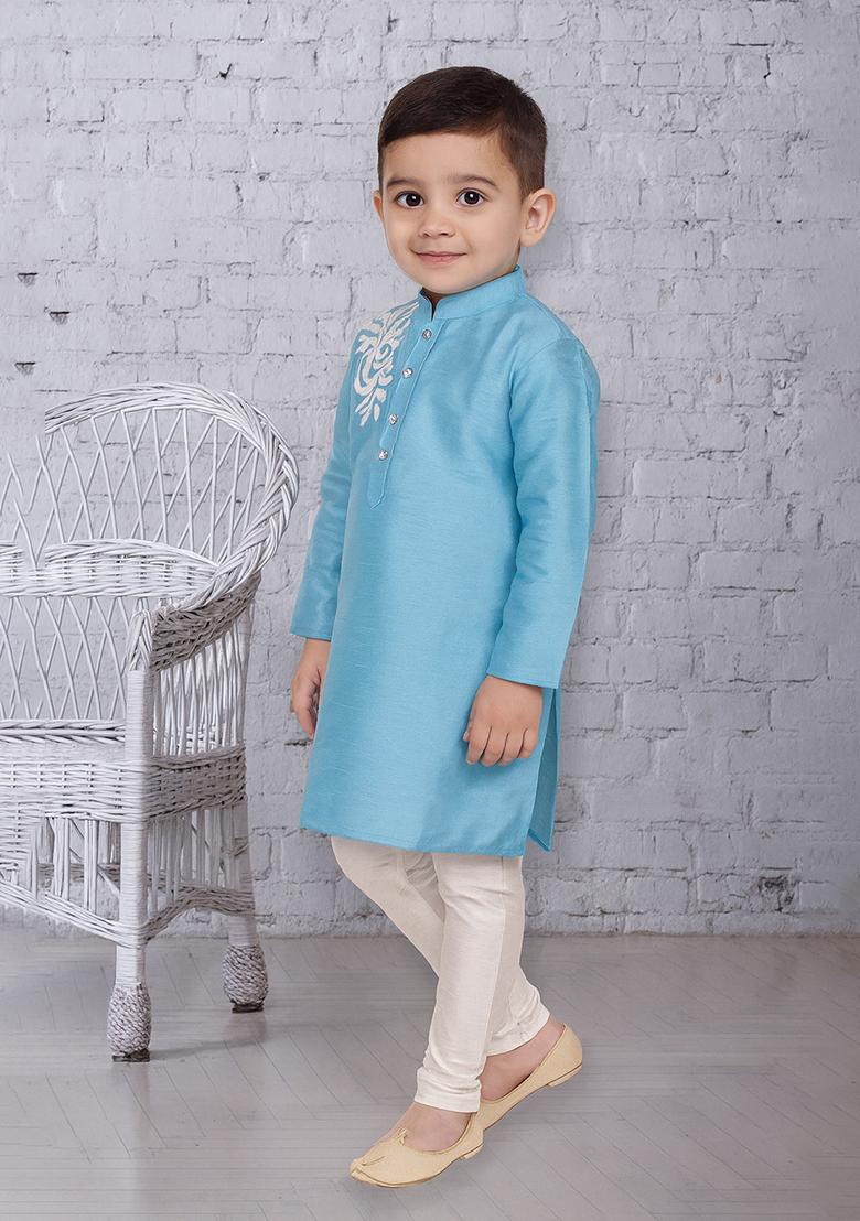 Light Blue Embroidery Silk Kurta With Bottom For Boys - Indya