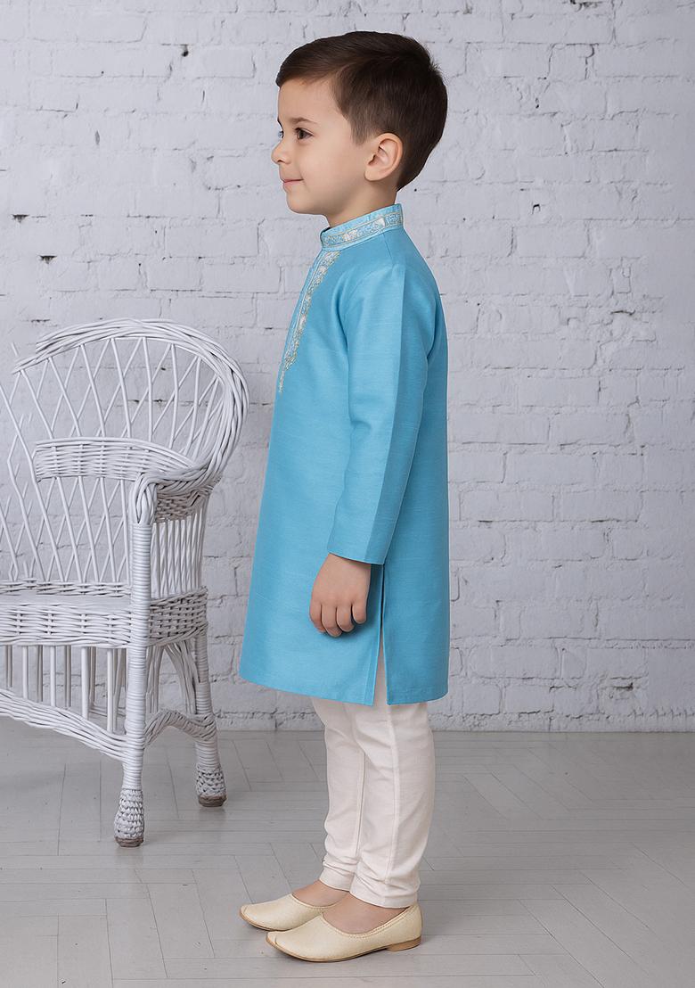 Light Blue Embroidery Silk Kurta With Bottom For Boys - Indya