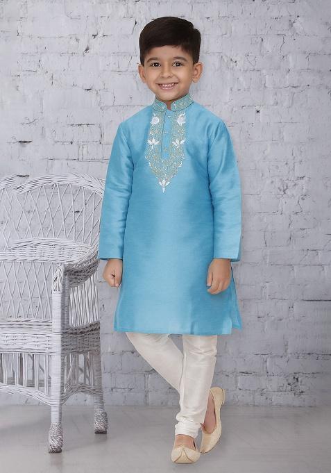 Light Blue Embroidery Silk Kurta With Bottom For Boys