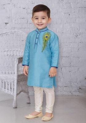 Light Blue Embroidery Silk Kurta With Bottom For Boys
