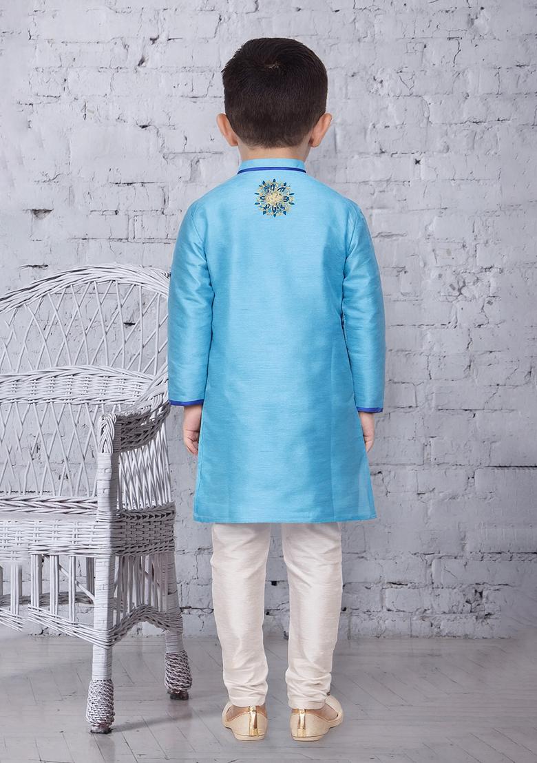 Light Blue Embroidery Silk Kurta With Bottom For Boys - Indya