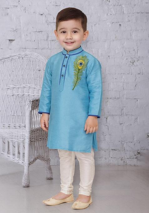 Light Blue Embroidery Silk Kurta With Bottom For Boys