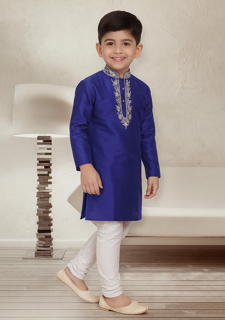 Royal Blue Embroidery Silk Kurta With Bottom For Boys - Indya